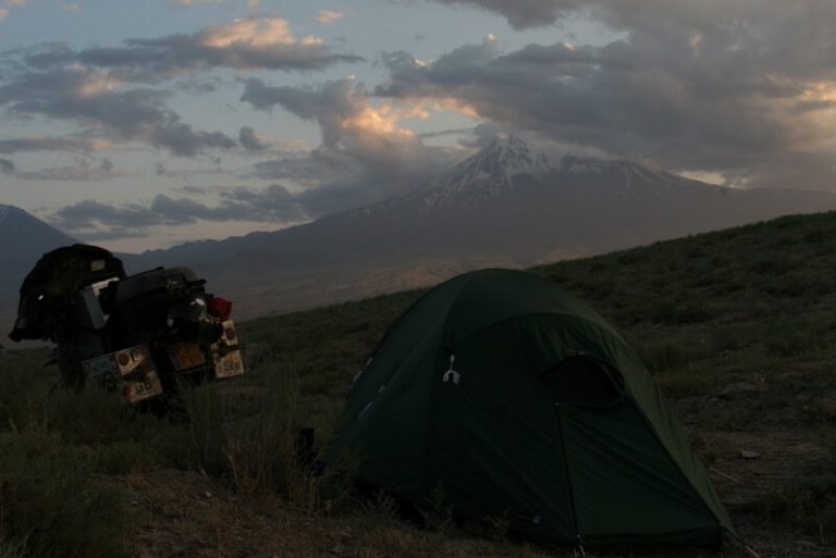 Day 66 I have a stunning view of Mount Ararat out of my tent; I hear the mozzies high pitched drone as the evening prayer from the mosques drift over the border.